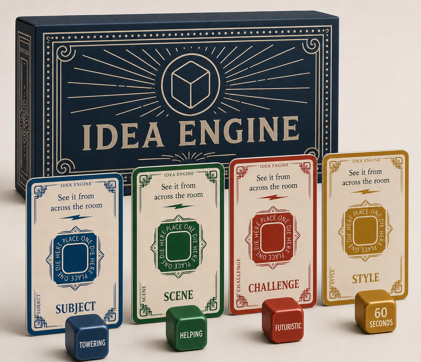 Idea Engine — four decks, four dice pairs, one box